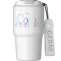 White insulated tumbler with colorful text and a matching strap on a white background