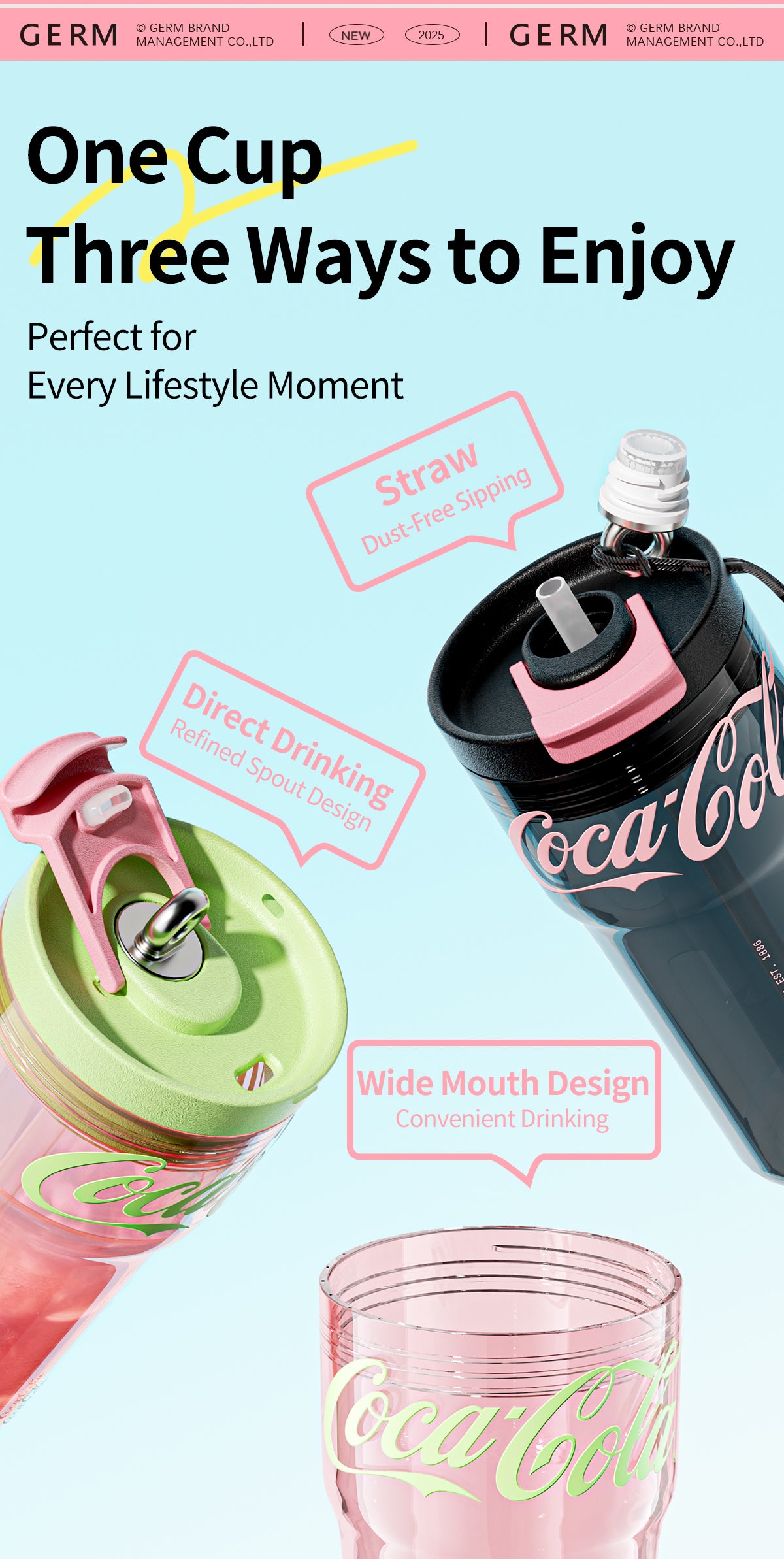 Coca-Cola Collection Slim Tritan Water Tumbler - Black & Pink