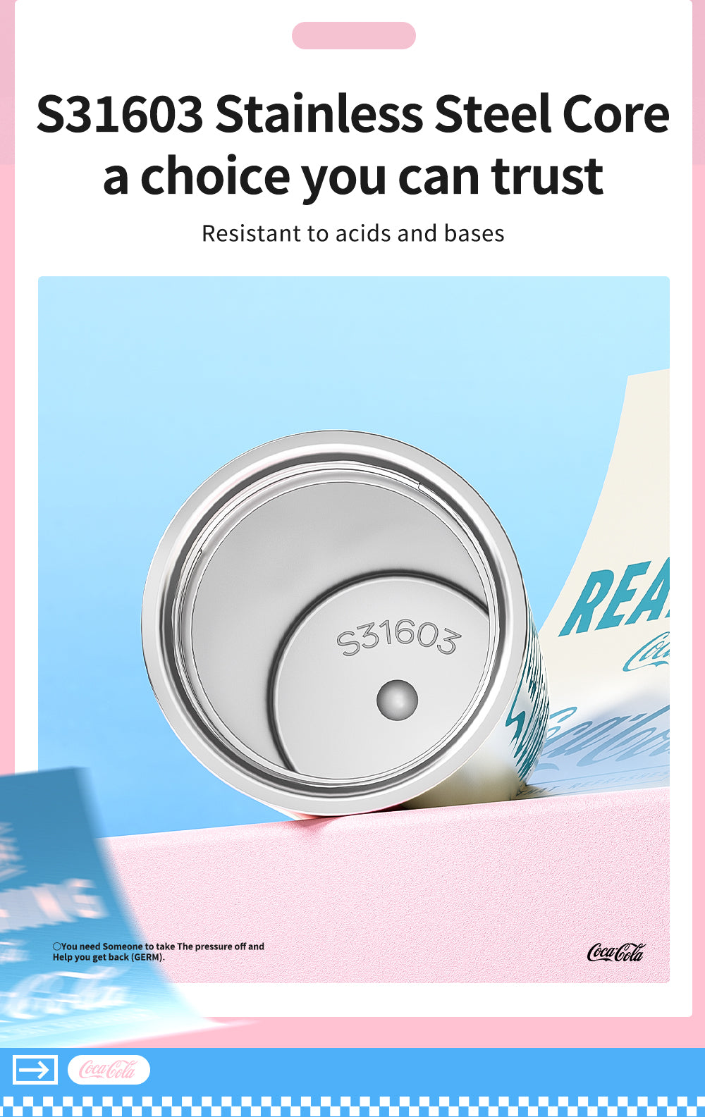 Stainless steel core with 'S31603' marking on a product packaging background