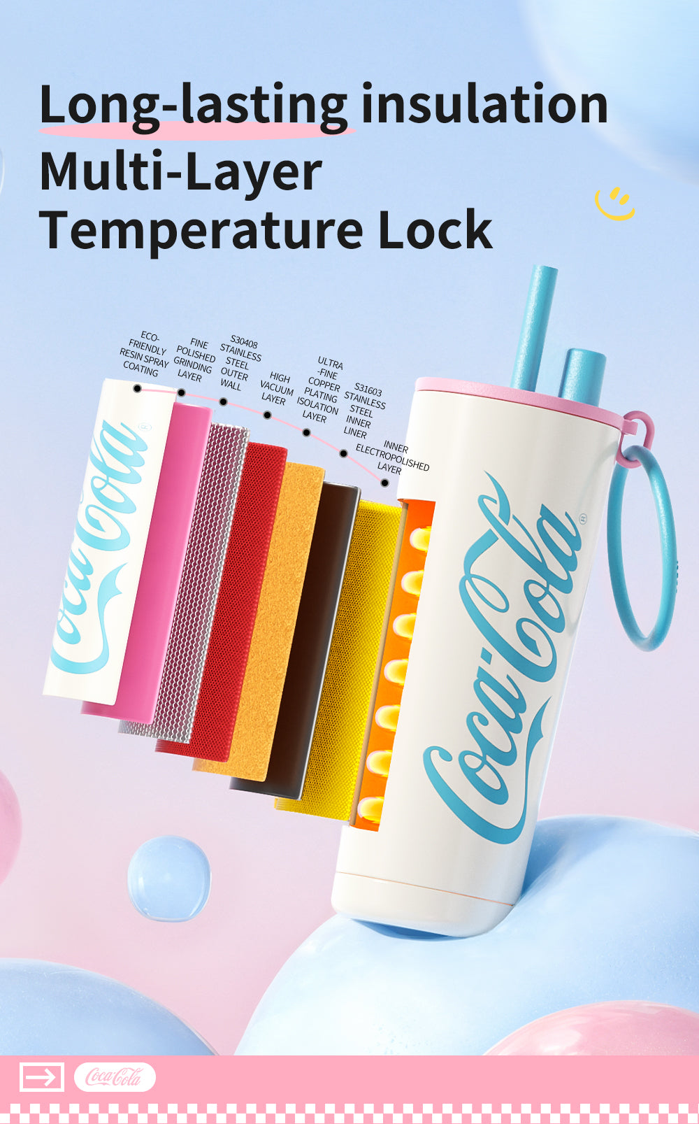 Coca-Cola insulated tumbler with colorful design on a pastel background
