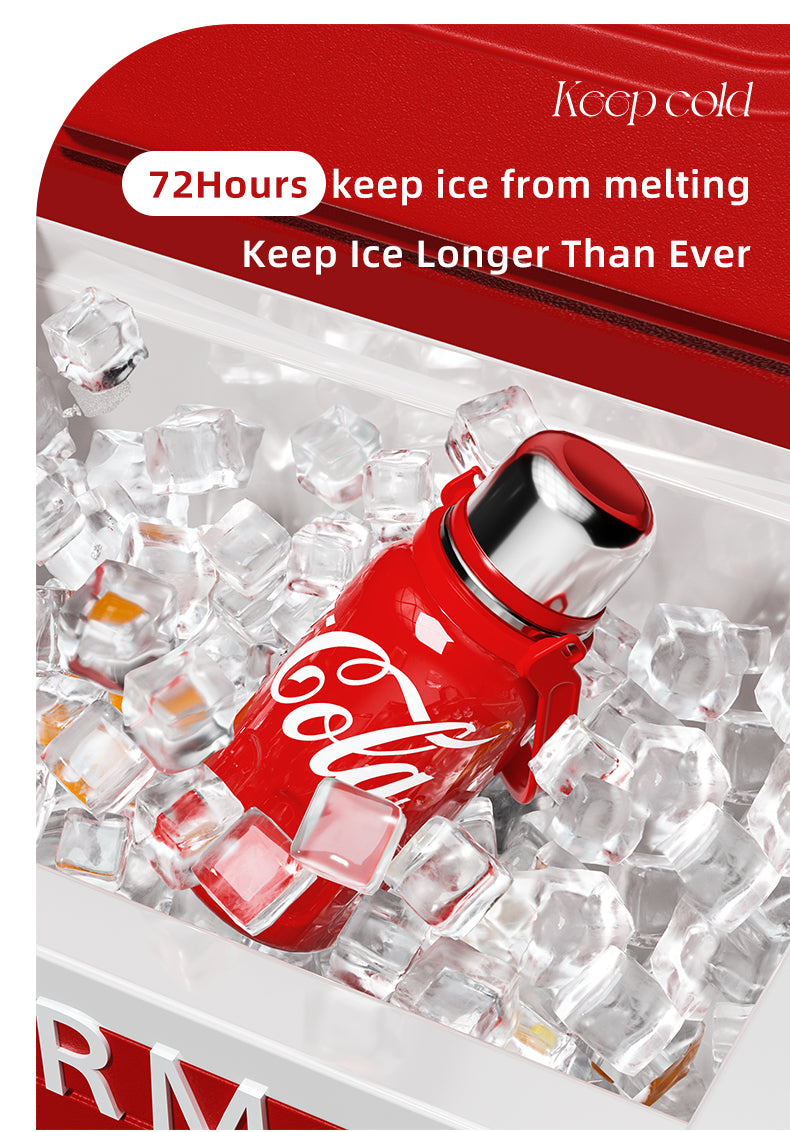 Coca-Cola bottle in ice with packaging text 'Keep cold, 72 Hours keep ice from melting, Keep Ice Longer Than Ever'.
