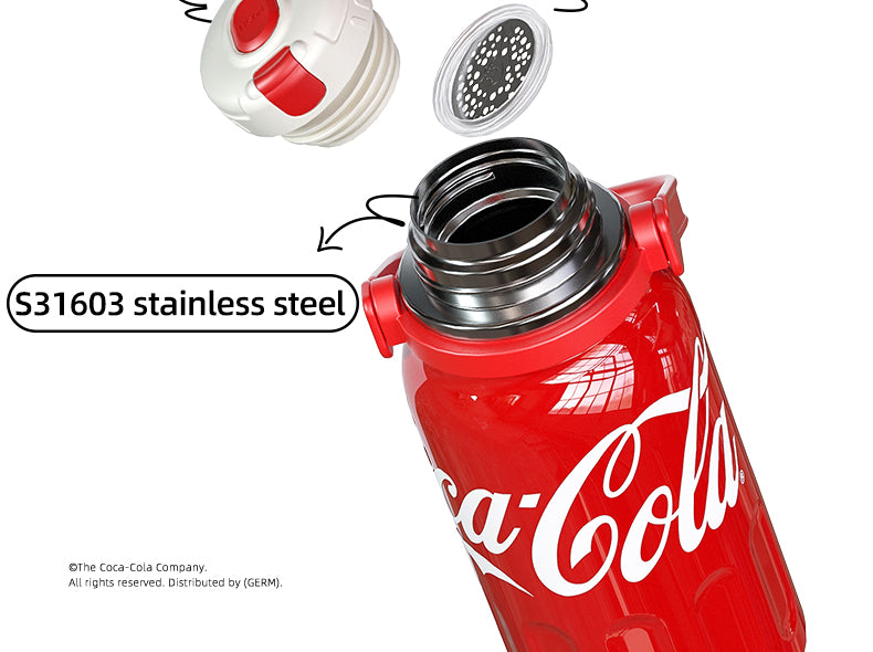 Coca-Cola branded thermos with stainless steel components on a white background