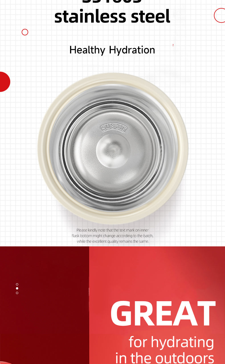 Stainless steel water bottle with white cap on a white background, featuring text about healthy hydration.