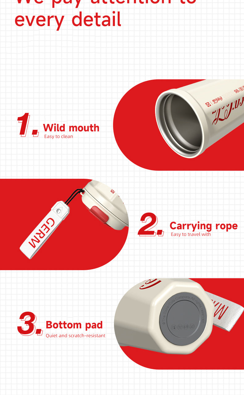 Product features with text 'We pay attention to every detail' on a red background