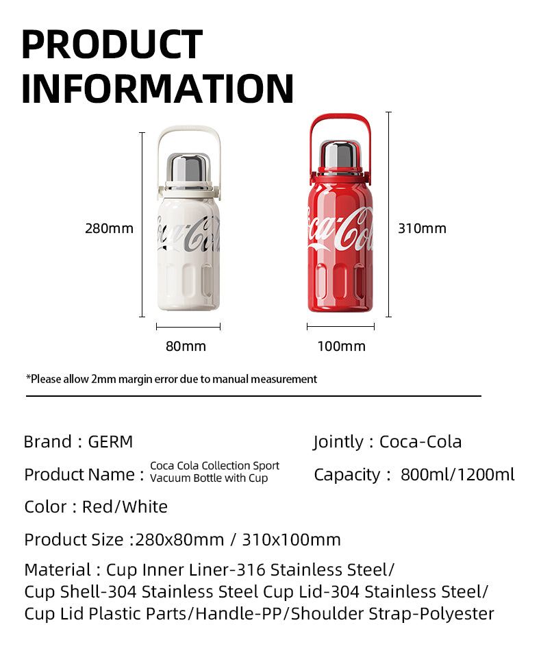 Large capacity vacuum insulated flask with cup lid from GERM Coca-Cola Collection
