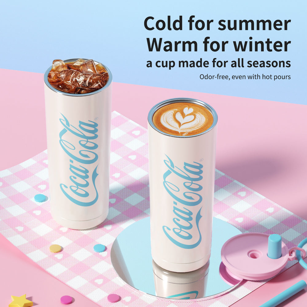Two Coca-Cola tumblers with drinks on a colorful surface, featuring text about the tumblers' versatility.
