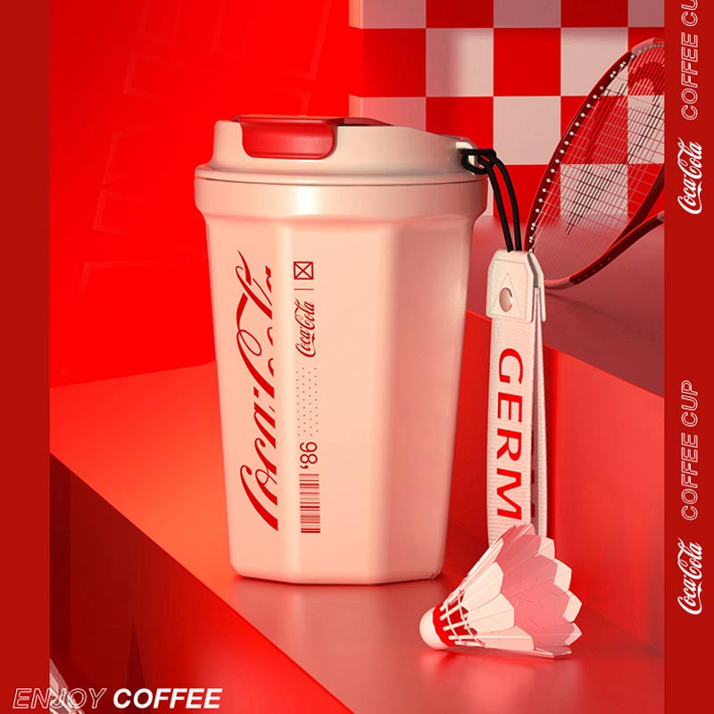 Coca-Cola coffee cup with a badminton shuttlecock on a red background