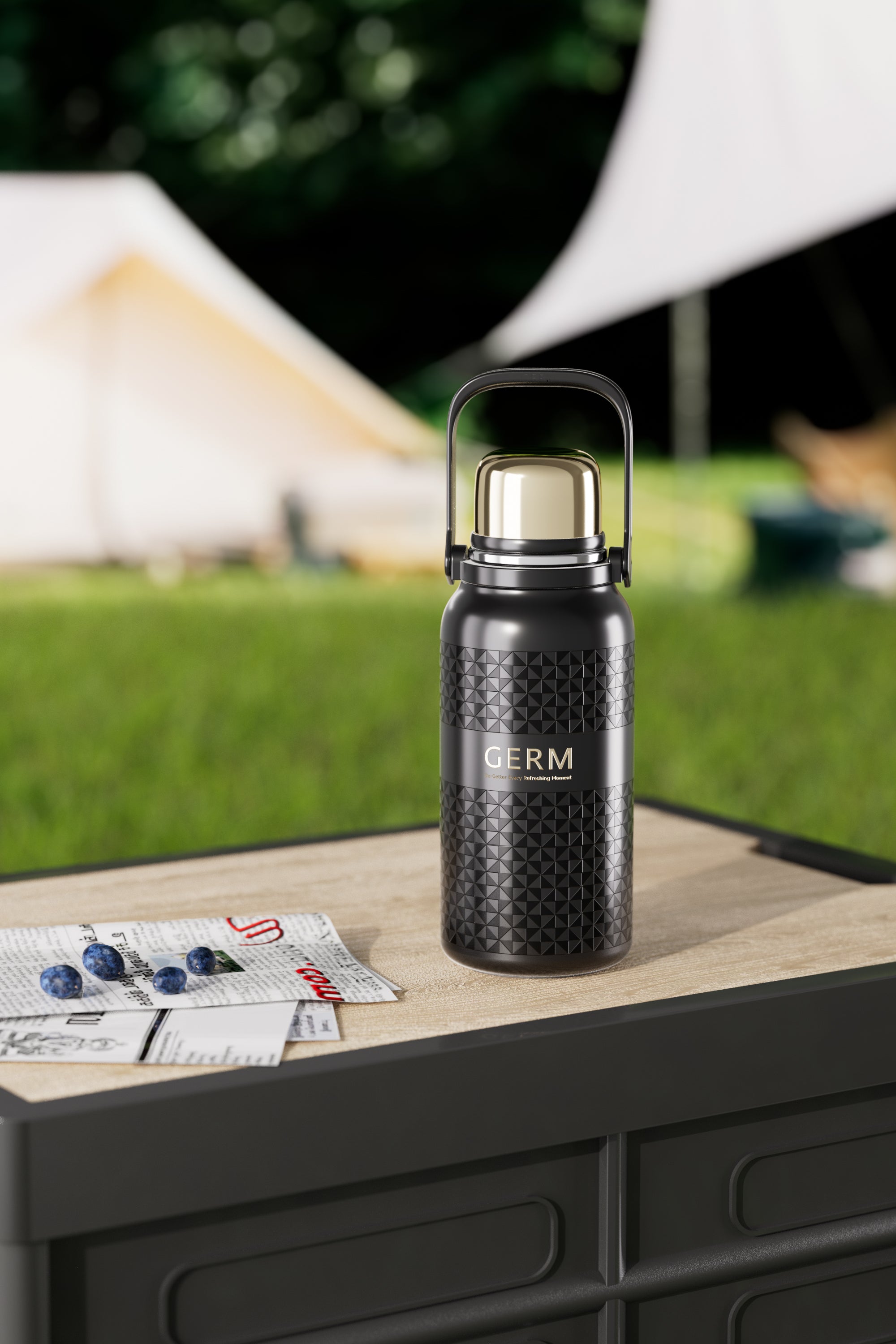 Tea infuser and cup lid detail on GERM GO-GETTER vacuum flask