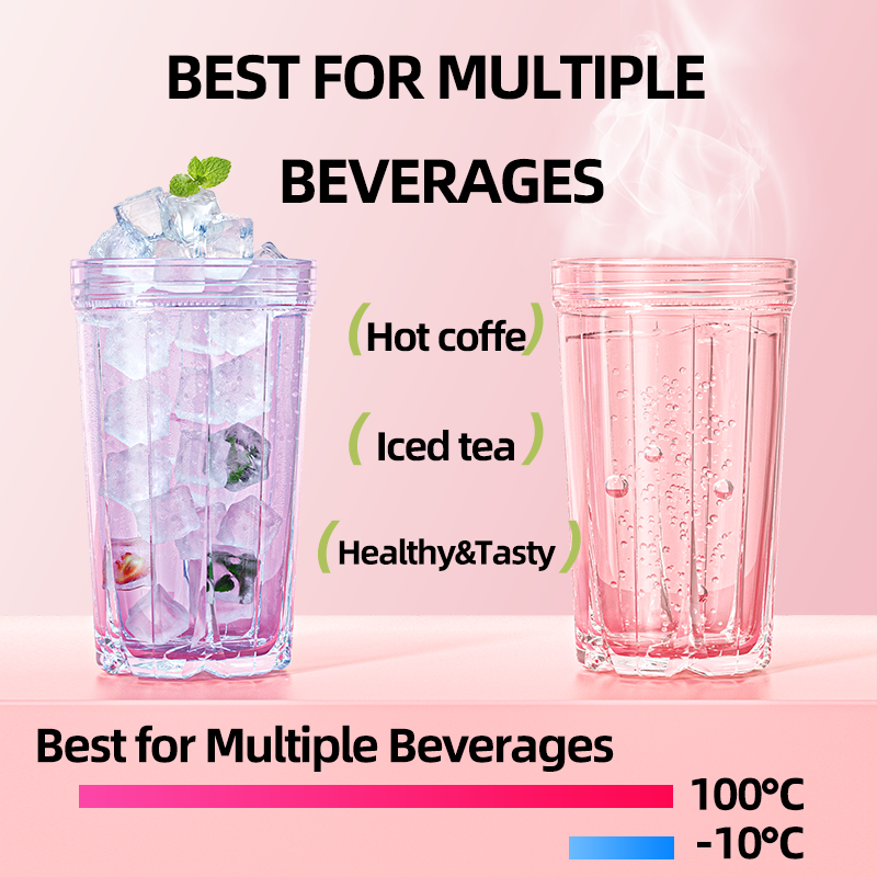 Two pink tumblers with beverages on a pink background, labeled for hot coffee, iced tea, and healthy/tasty drinks.
