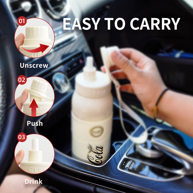Bottle with straw being used in a car cup holder, with text 'Easy to Carry' and step-by-step instructions.