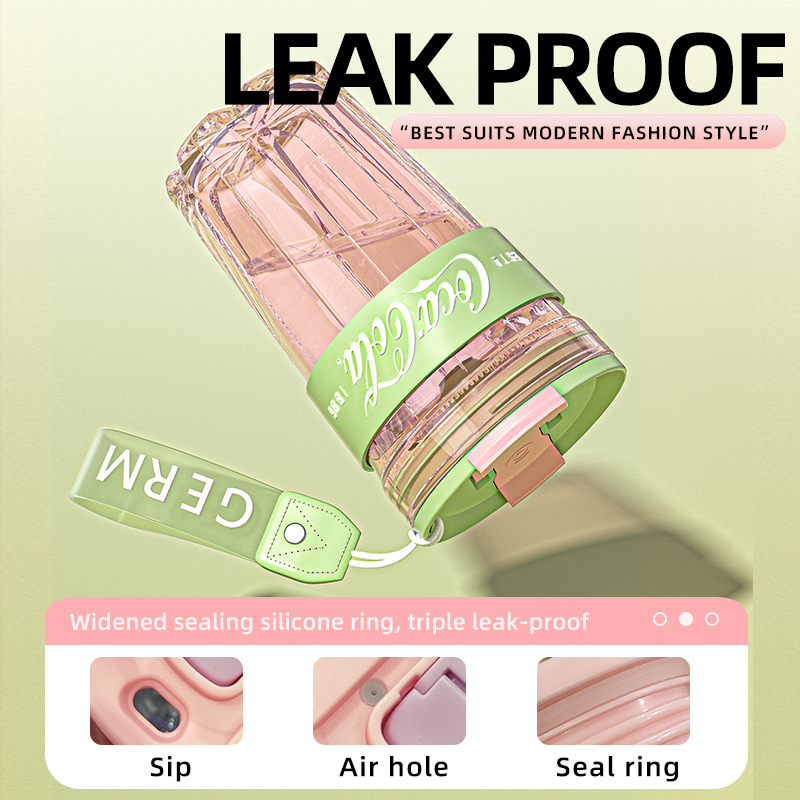 Leak-proof water bottle with green strap and 'Germ' branding on a light green background
