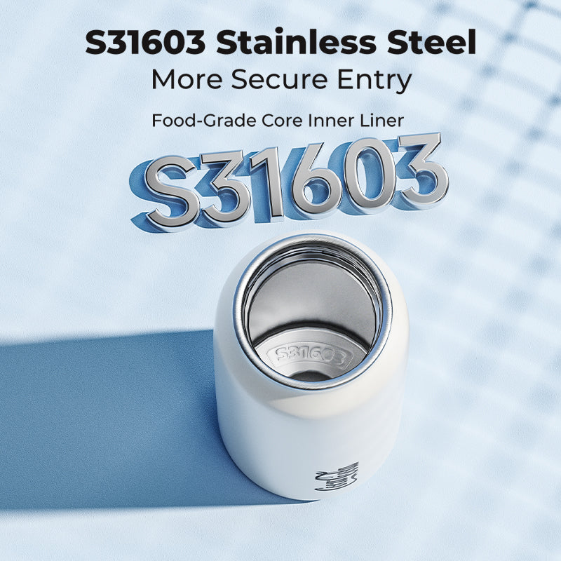 Stainless steel container with S31603 text on a blue background