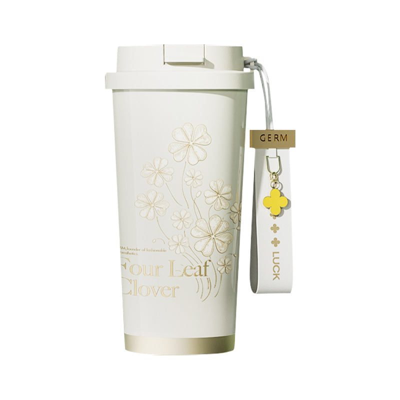 Four-leaf clover design detail on GERM insulated tumbler