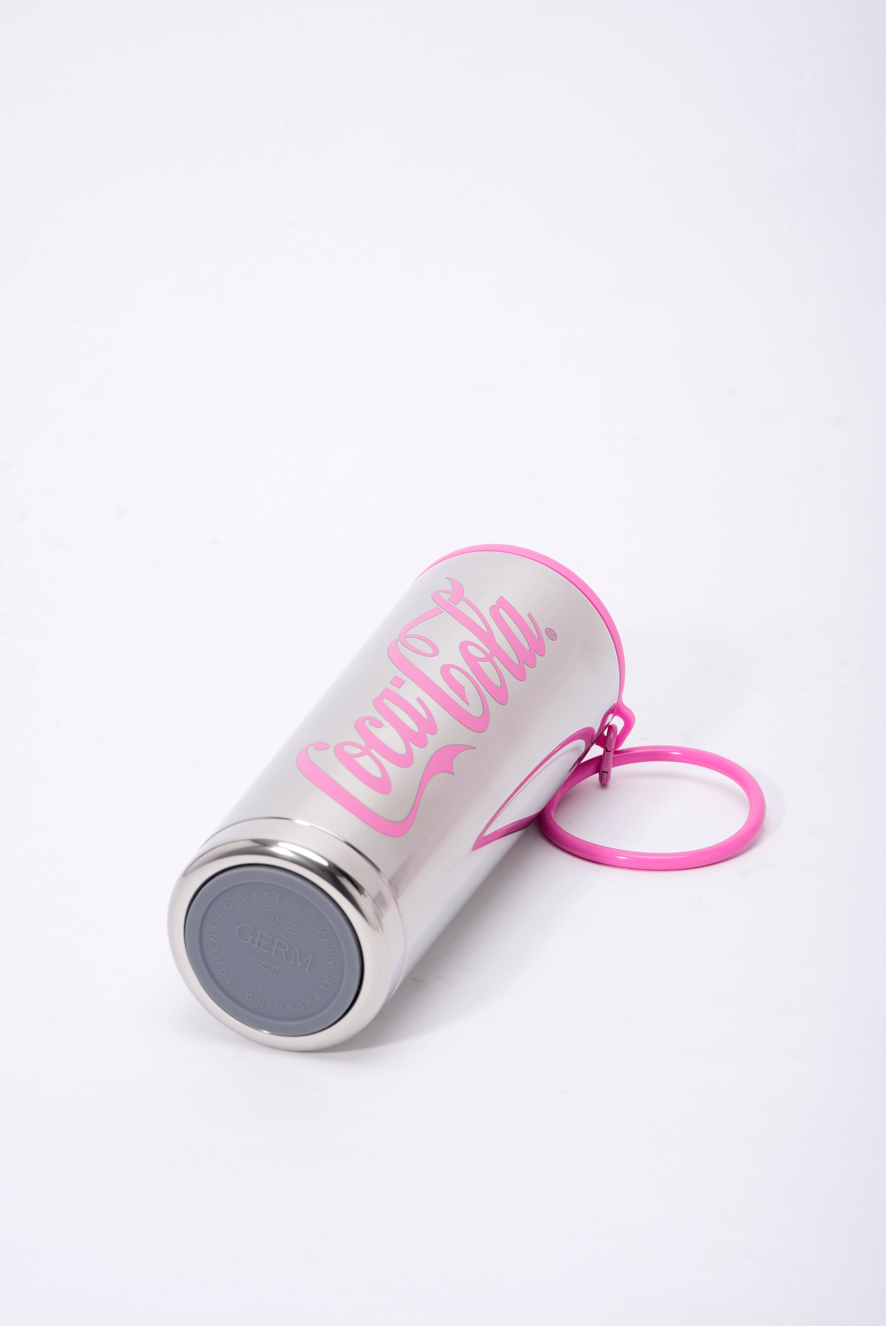 White thermos with pink lid and 'Coca-Cola' branding on a white background