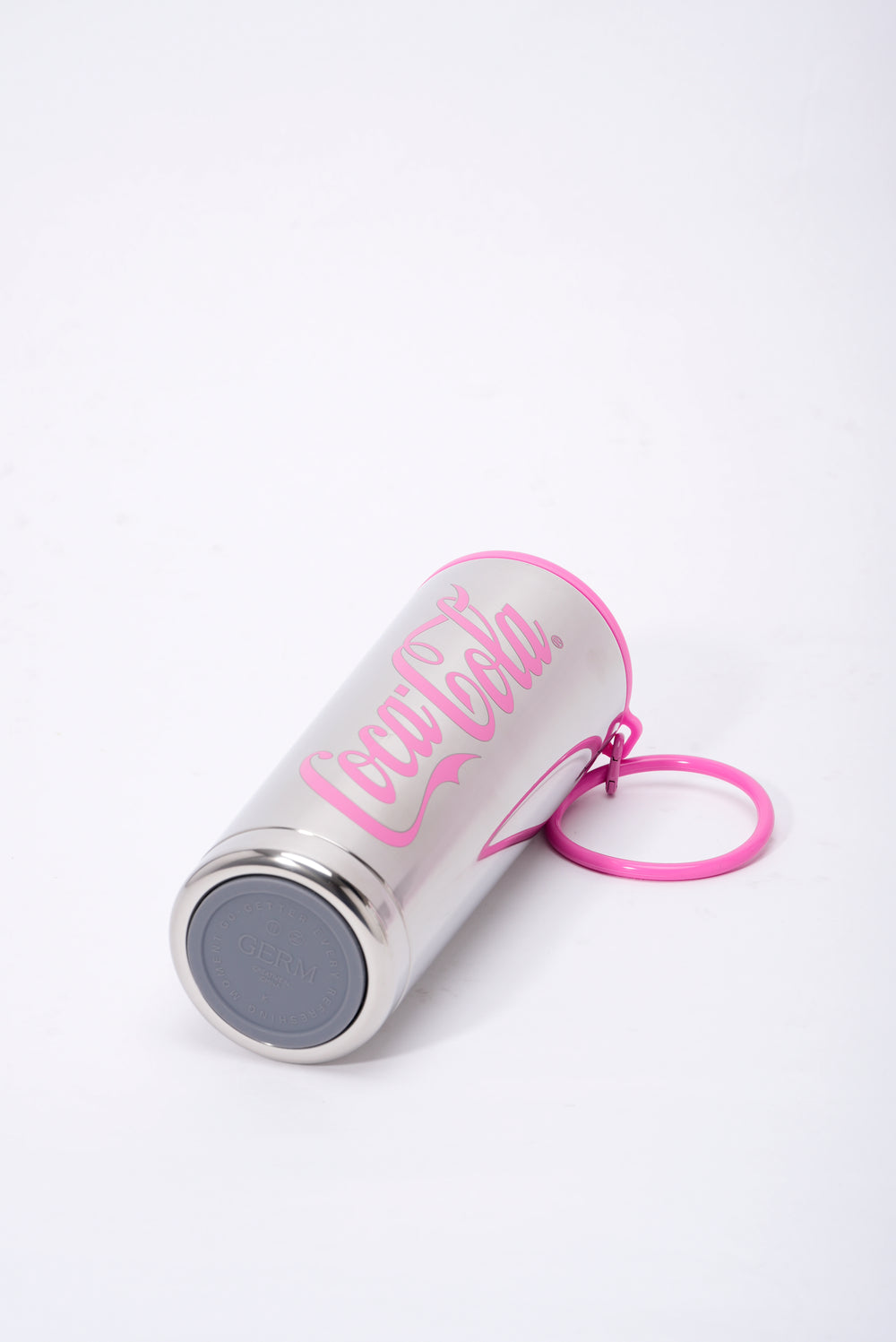White thermos with pink lid and 'Coca-Cola' branding on a white background