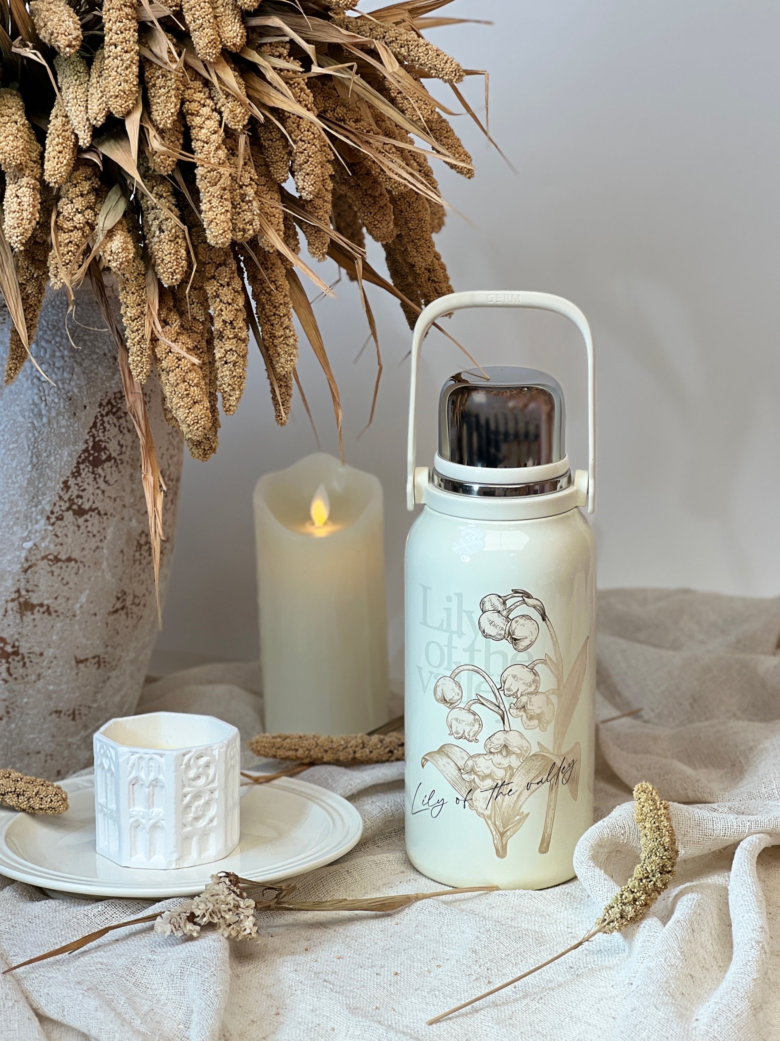 GERM Lily of the Valley Sport Vacuum Bottle with Cup – White