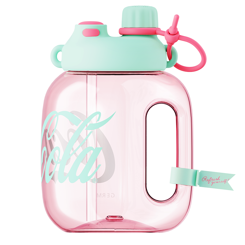 Pink water bottle with a light blue cap and handle on a white background