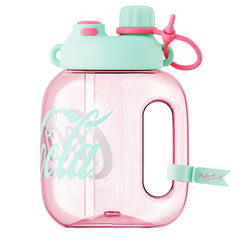 Pink water bottle with a light blue cap and handle on a white background