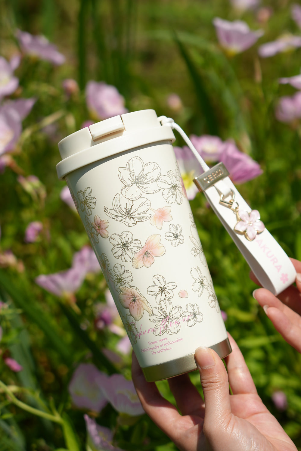 Sakura floral design detail on GERM vacuum insulated tumbler